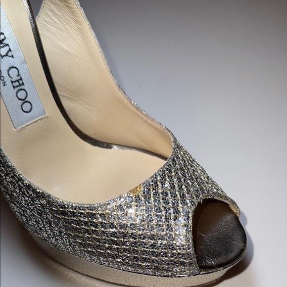 Jimmy Choo Glitter Fabric Champagne Peep Toe Sling Back Heel Size 37 Authentic - Picture 14 of 16